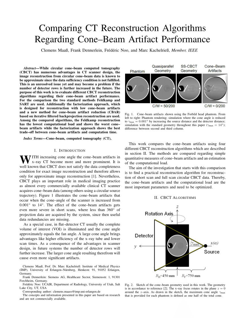 pdf comparing ct reconstruction algorithms regarding cone beam artifact performance