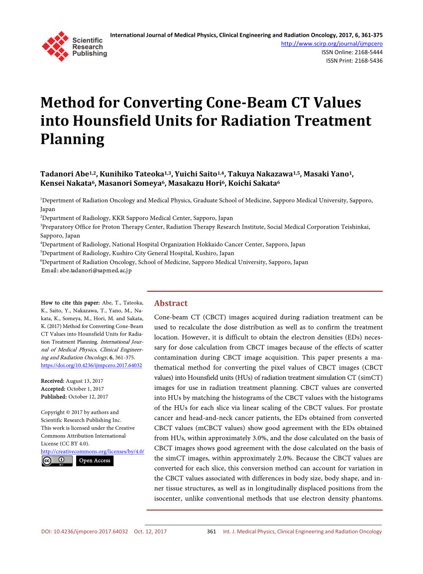 pdf method for converting cone beam ct values into hounsfield units for radiation treatment planning