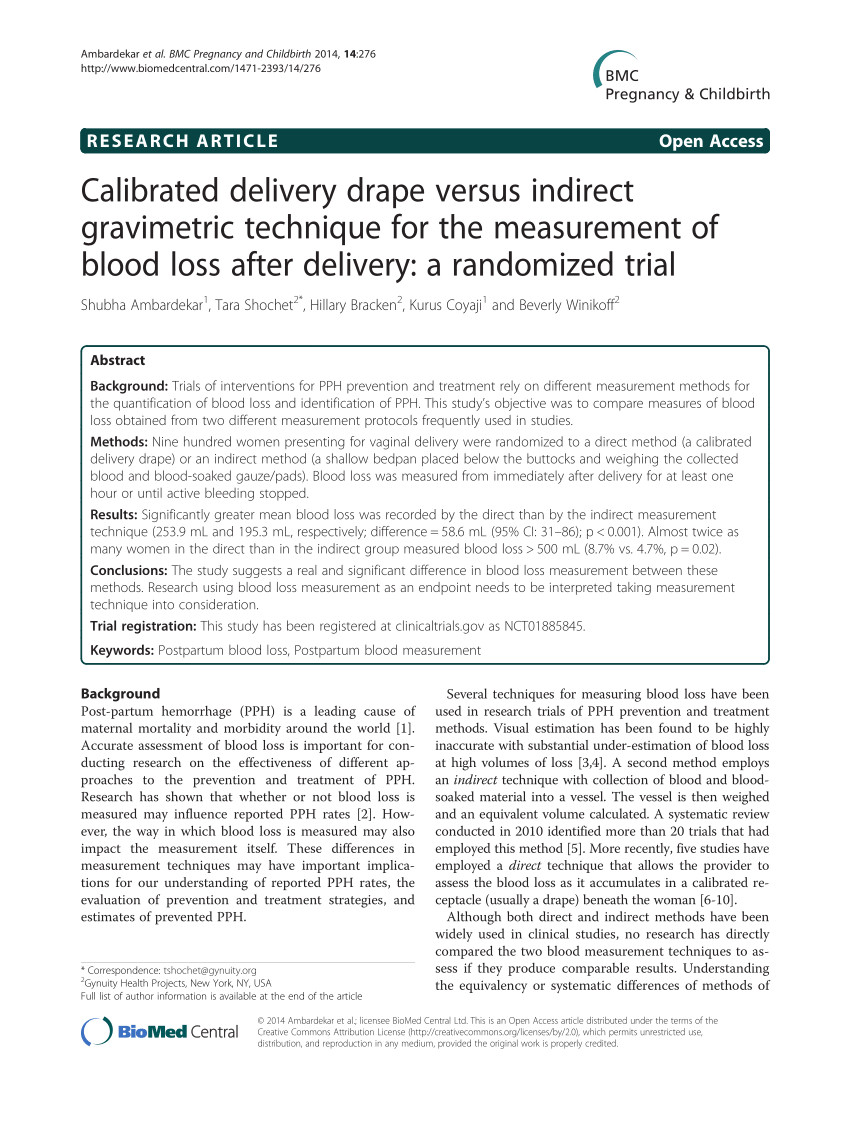 pdf calibrated delivery drape versus indirect gravimetric technique for the measurement of blood loss after delivery a randomized trial