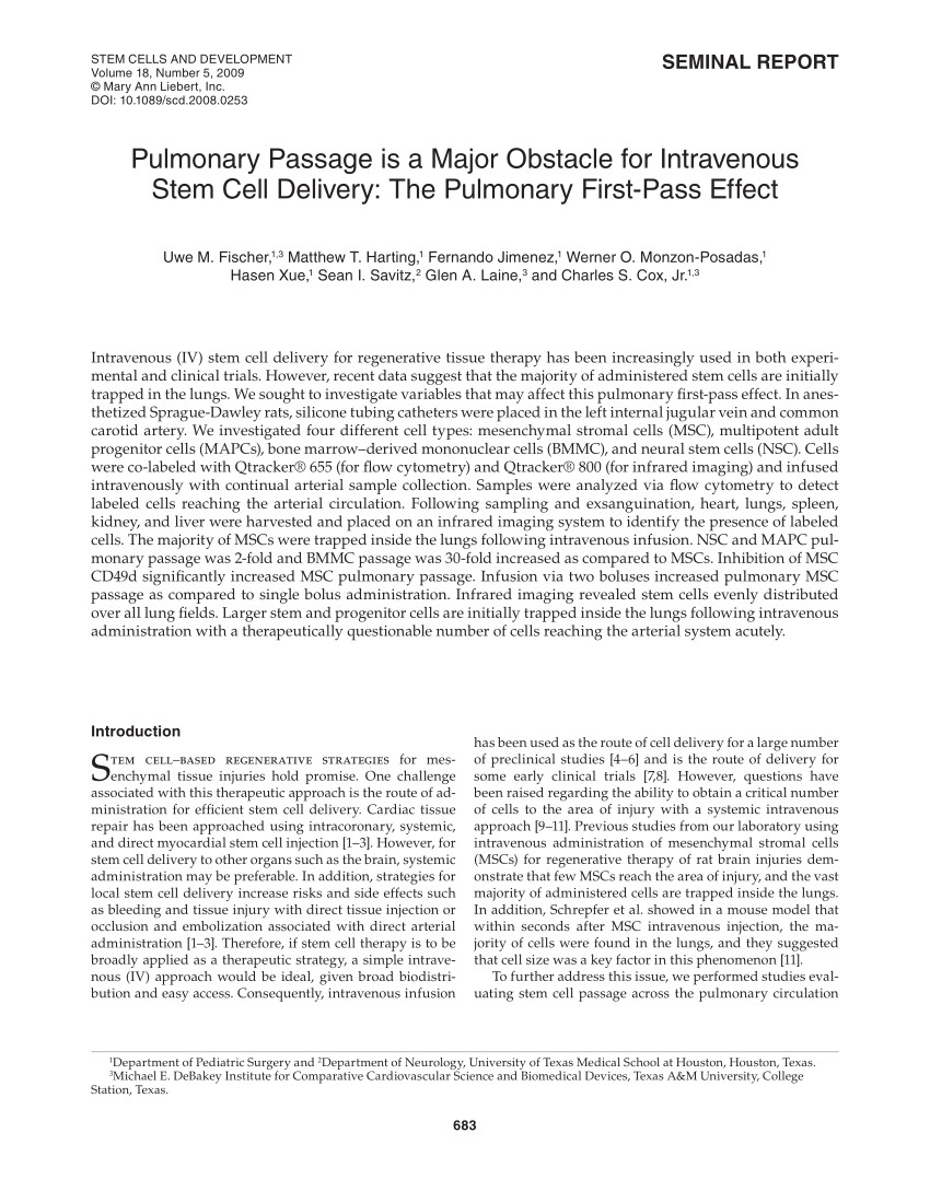 pdf pulmonary passage is a major obstacle for intravenous stem cell delivery the pulmonary first pass effect