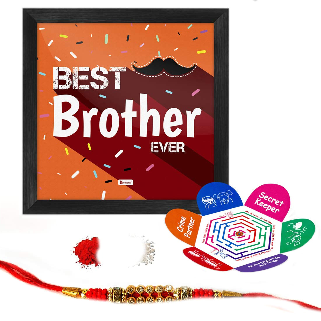 indigifts best brother ever quote printed gift set of poster frame 6x6 inches crystal rakhi roli chawal greeting card for men boys amazon in home