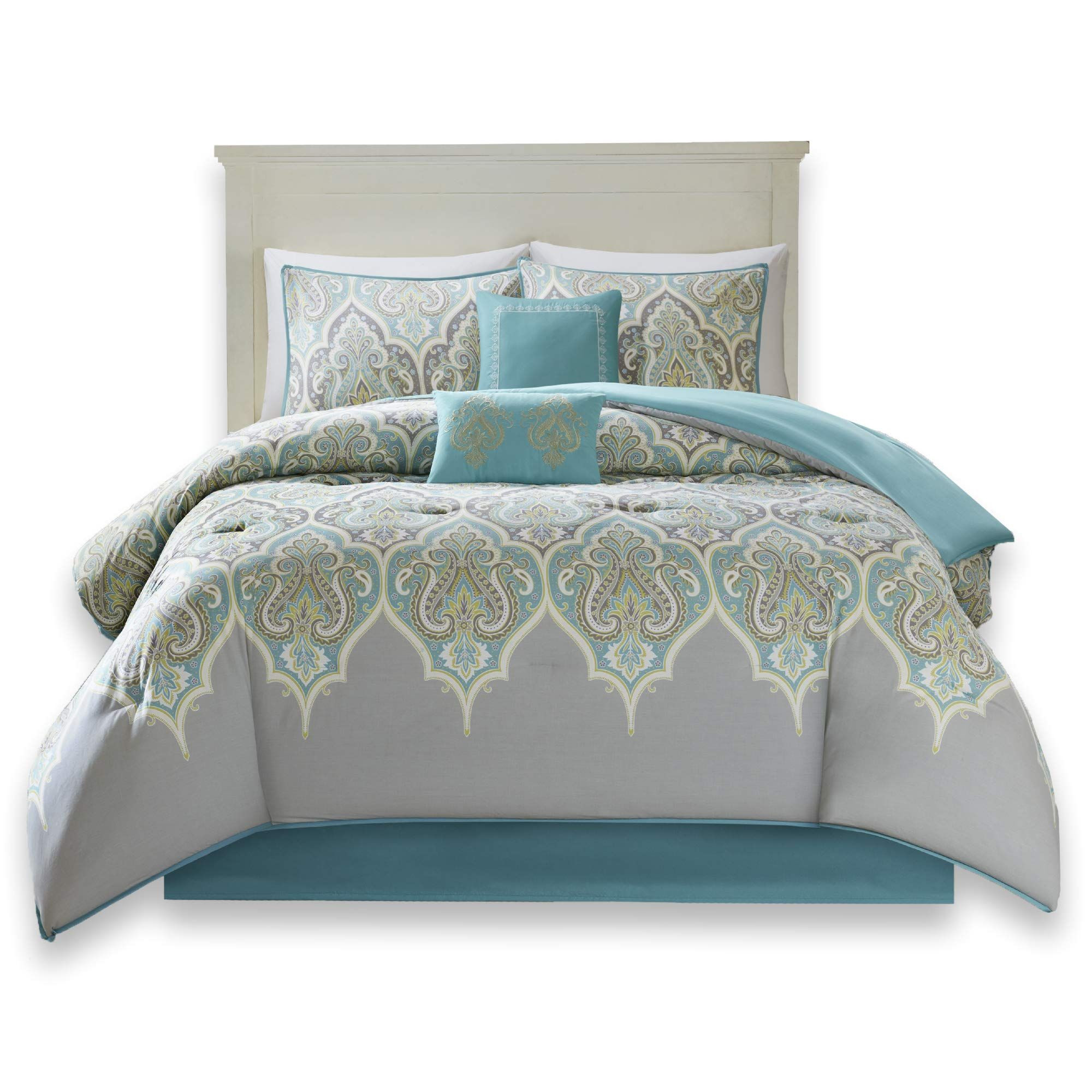 comfort spaces mona cotton printed comforter set 6 piece teal grey paisley design queen size includes 1 comforter 2 shams 1 bedskirt