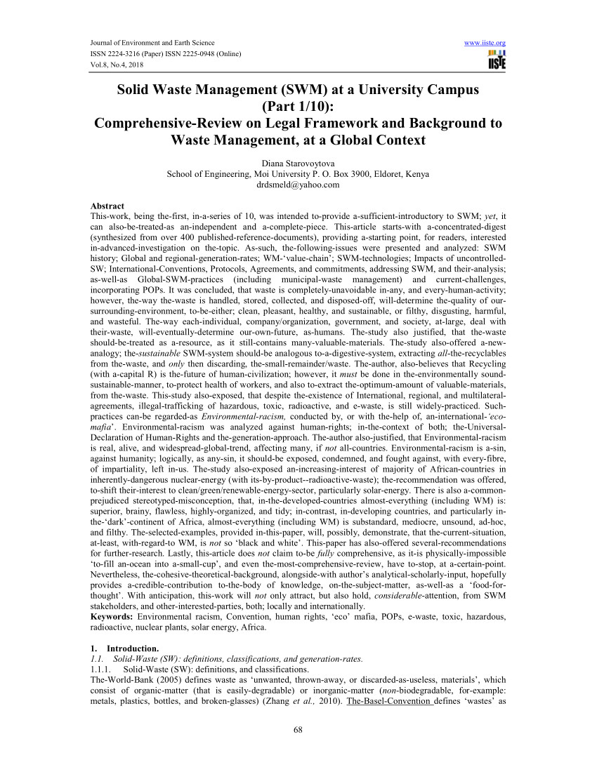 pdf solid waste management swm at a university campus part 1 10 comprehensive review on legal framework and background to waste management