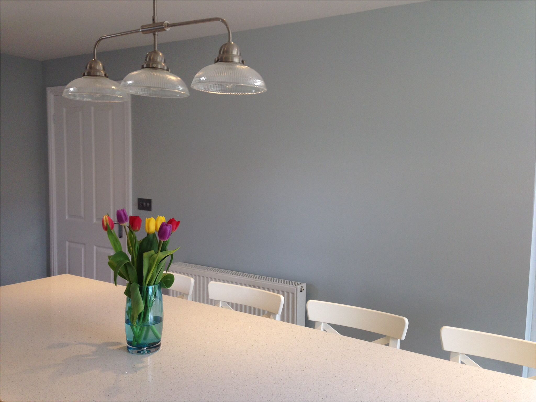 skylight by farrow and ball for wall colour a beautiful warm muted blue grey looks lovely against the white chairs and worktops farrow and ball