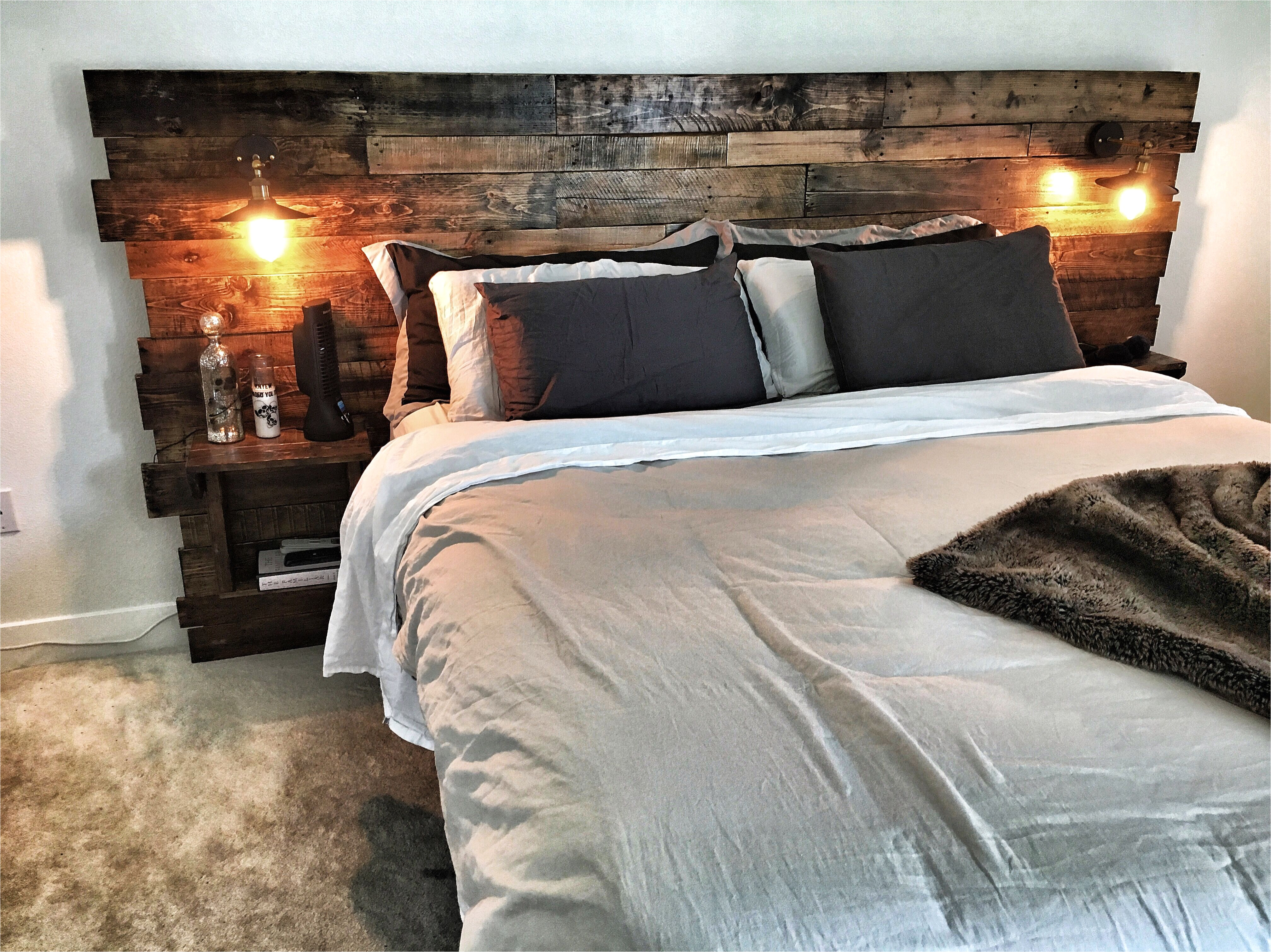 custom king size headboard with built in lights and shelving natural rustic wood with oil stain