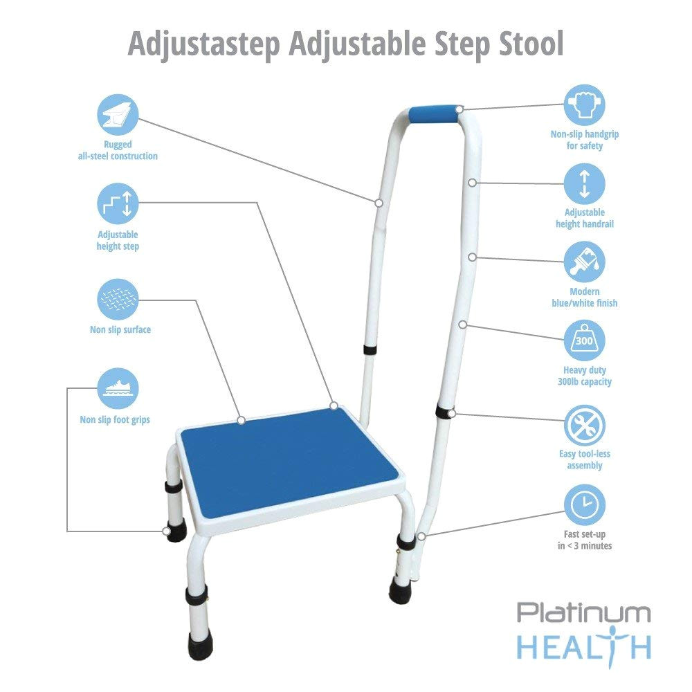 platinum health adjustastep tm deluxe step stool footstool with handle handrail height adjustable 2 products in 1 modern white blue design amazon co uk