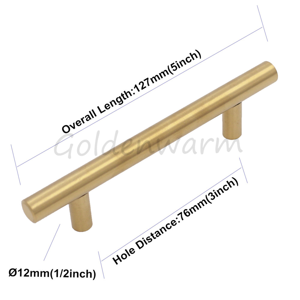 brushed brass gold kitchen cabinet handles ls201gd76 furniture hardware t bar door knob 3 inch hole centers drawer pulls 10pcs in cabinet pulls from home