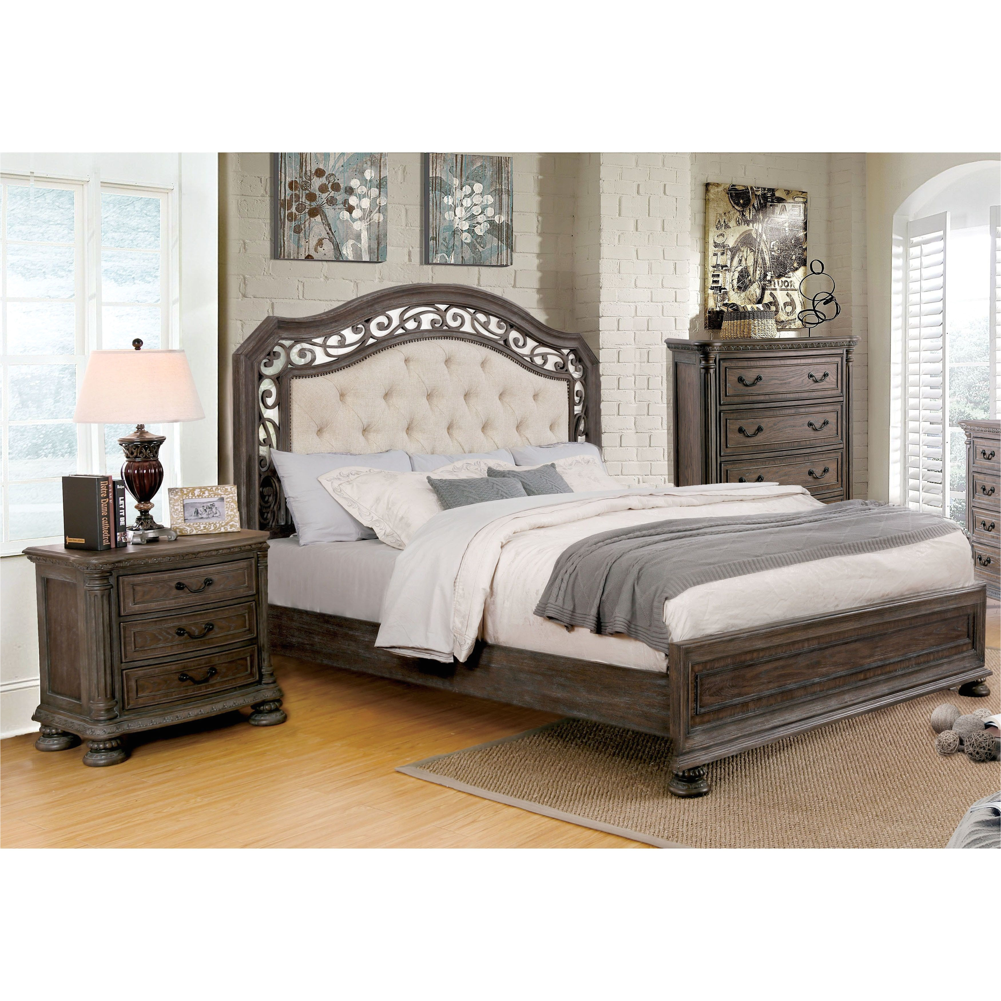 furniture of america brigette ii traditional 3 piece tufted upholstered rustic natural tone bedroom set king size eastern king