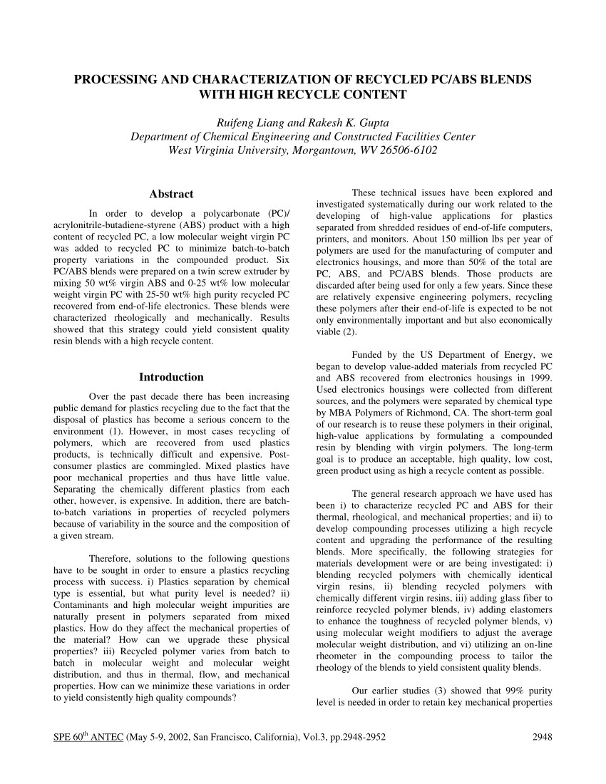 pdf processing and characterization of recycled pc abs blends with high recycle content