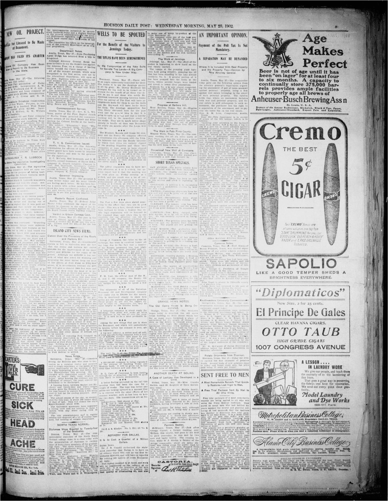 the houston daily post houston tex vol xviiith year no 54 ed 1 wednesday may 28 1902 page 2 of 9 the portal to texas history