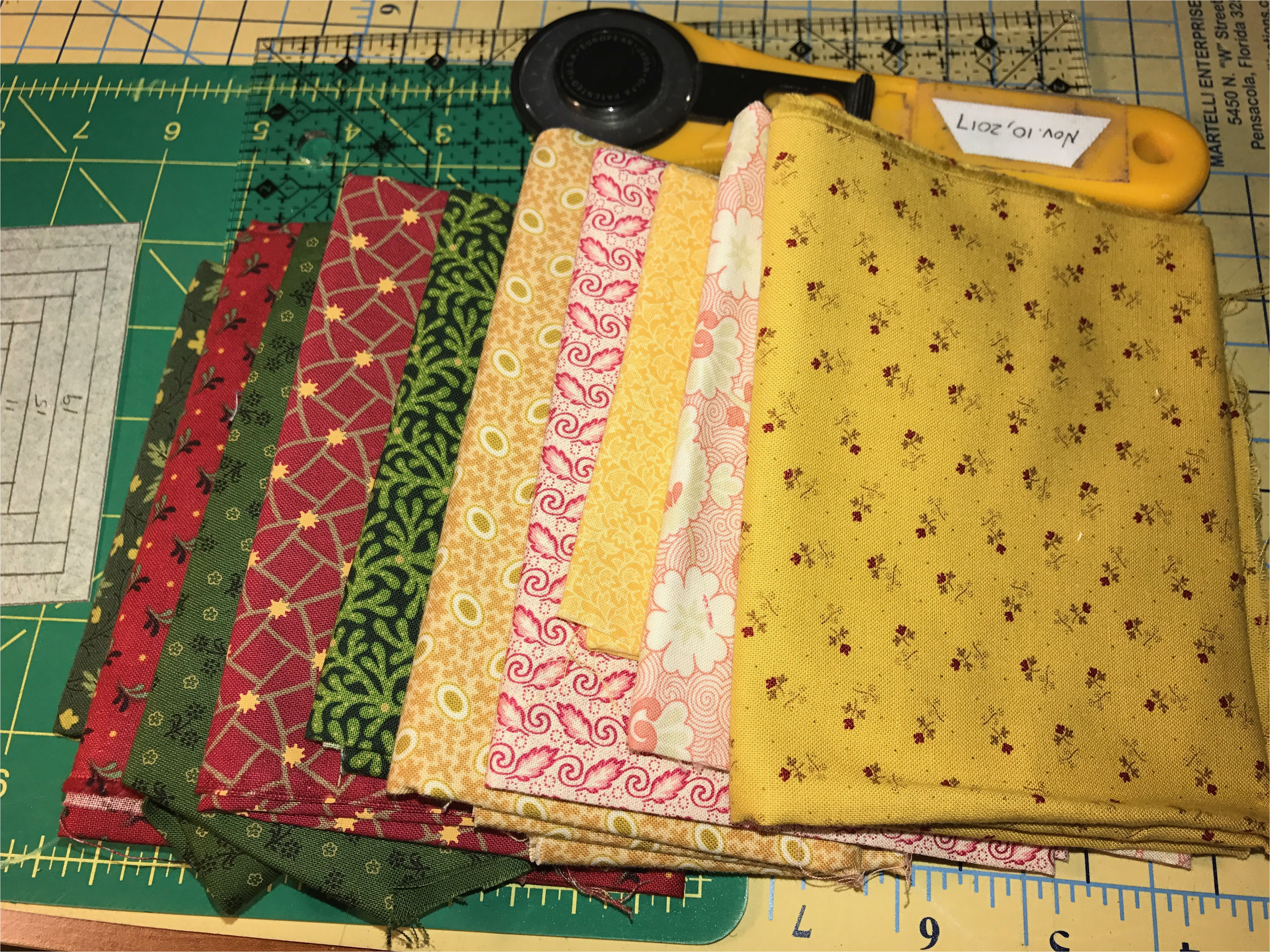 each block requires 5 different green and red fabrics and 5 pink and yellow fabrics in addition to the fussy cut center each block has 21 pieces