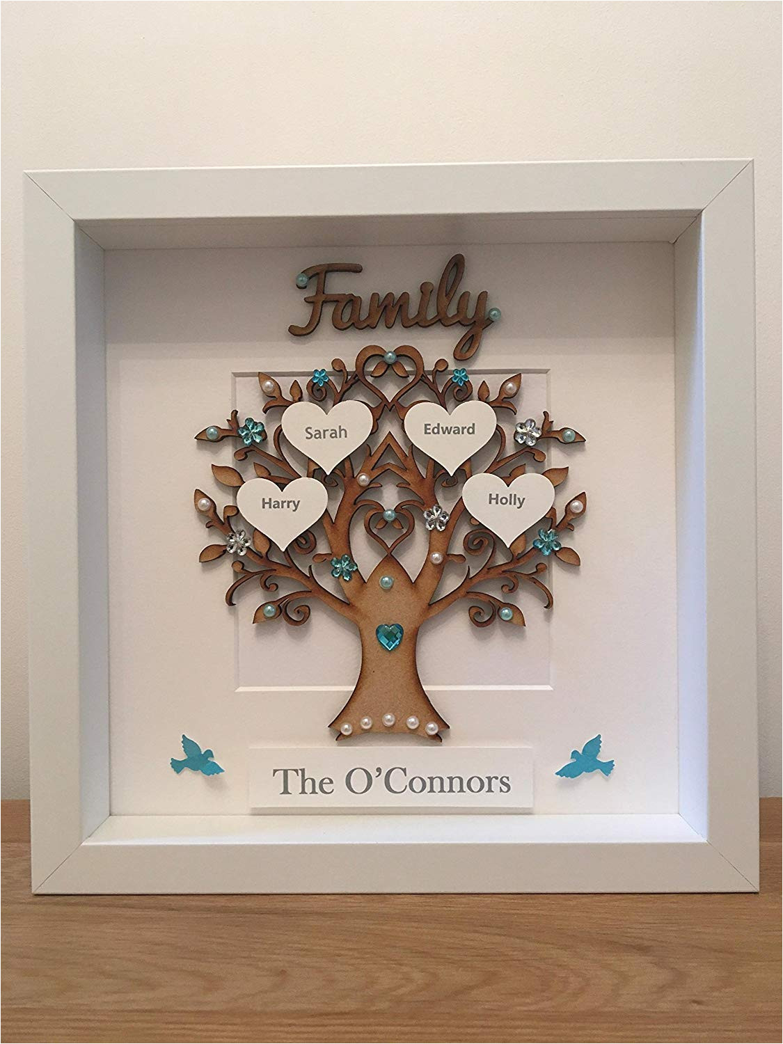 personalised family tree 3d box frame picture keepsake wedding gift home christmas birthday anniversary mothers day turquoise gem birds up to 14 names