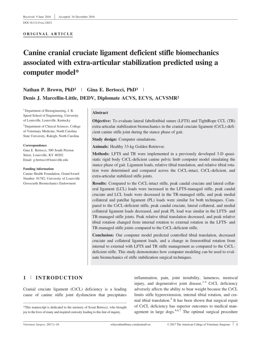 pdf canine cranial cruciate ligament deficient stifle biomechanics associated with extra articular stabilization predicted using a computer model