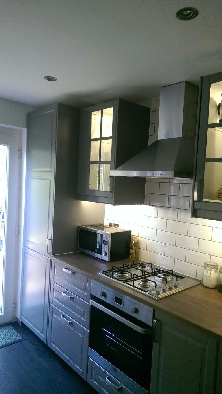 grey ikea bodbyn galley kitchen