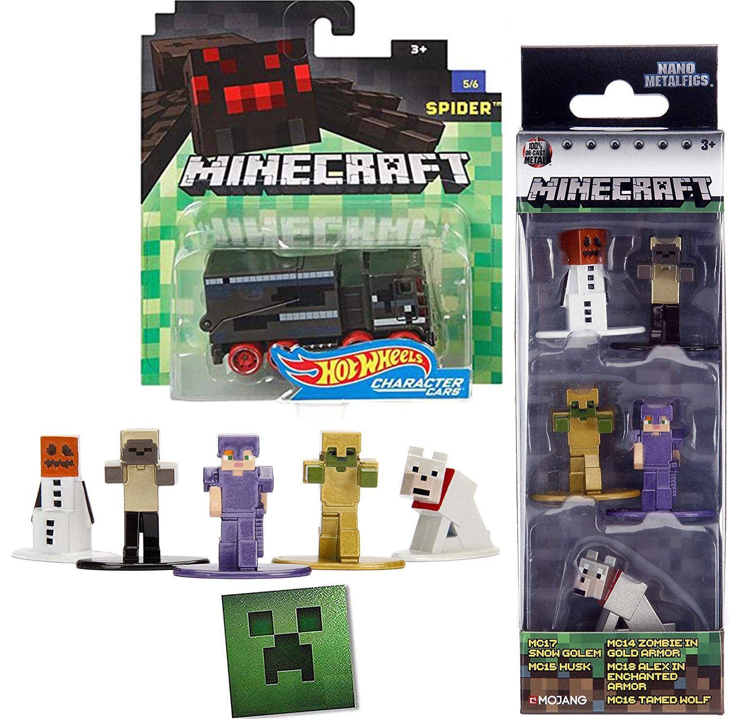 spider hauler snow golem nano series minecraft character hot wheels mini figure set husk zombie gold armor alex enchanted tame wolf 5 pack