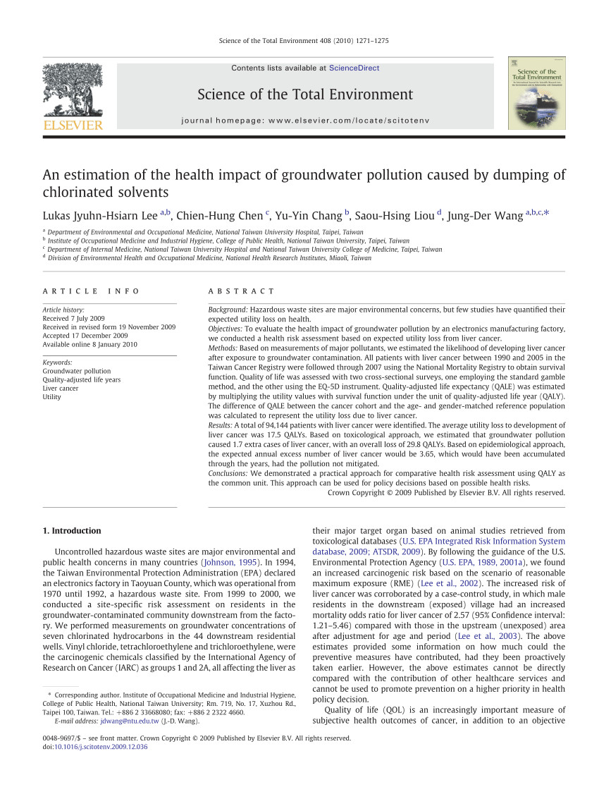 pdf health risk assessment on residents living with groundwater contaminated by chlorinated hydrocarbons