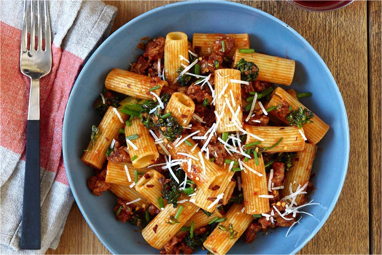 justin severino s recipe for rigatoni with italian sausage and rapini red sauce wsj