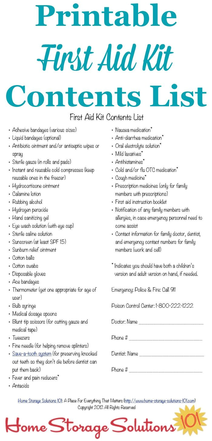 free printable first aid kit contents list with what you need in your home for