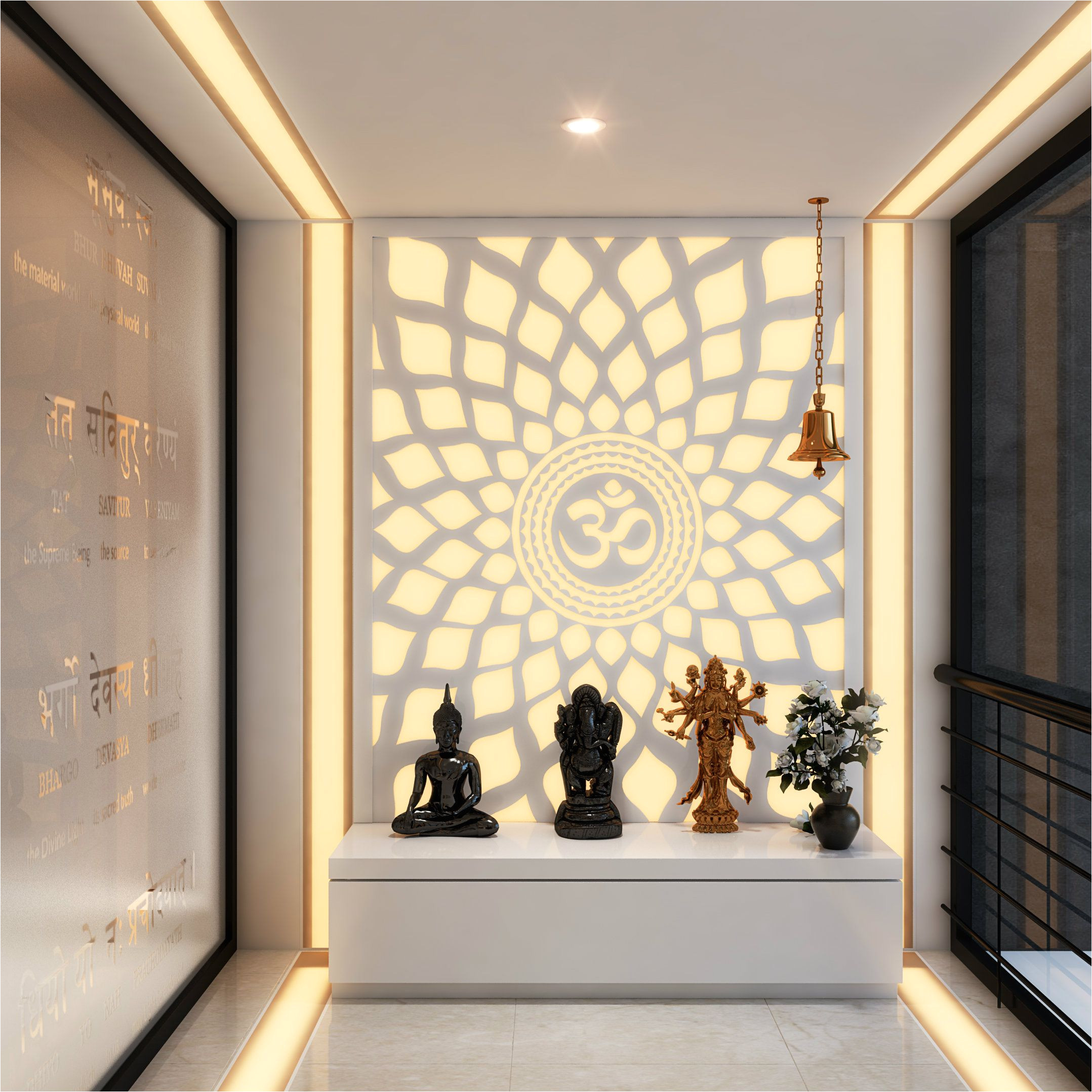 a hypnotic aum back lit panel in the pooja room