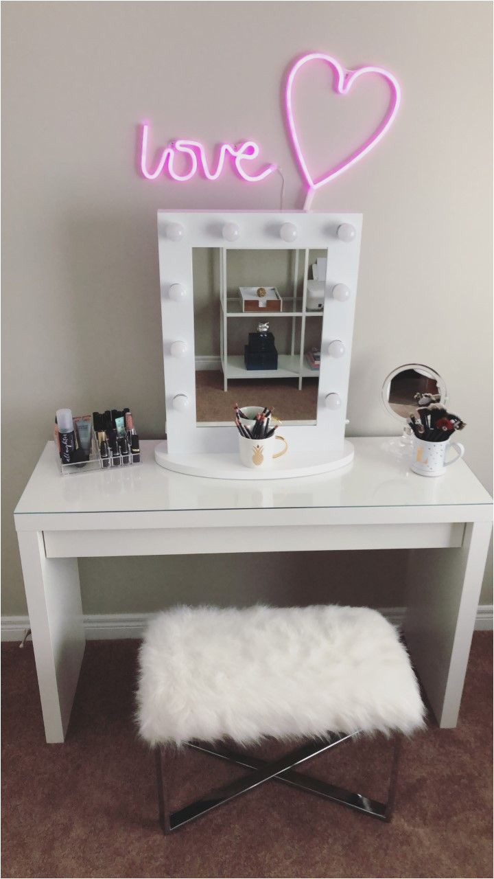 make up vanity inspiration the malm dressing table was purchased from ikea the vanity mirror neon lights were purchased from amazon