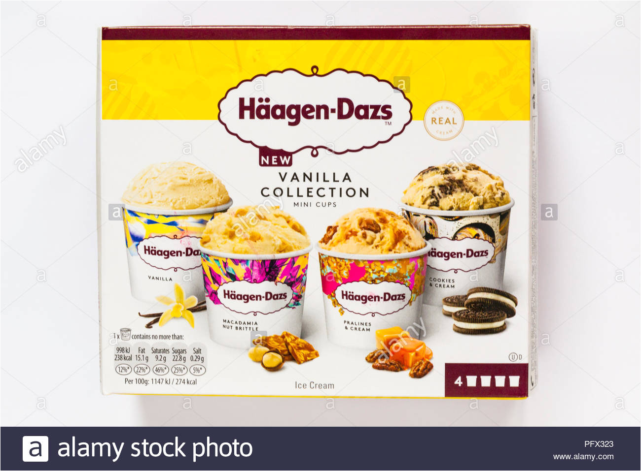 box of haagen dazs new vanilla collection mini cups isolated on white background stock