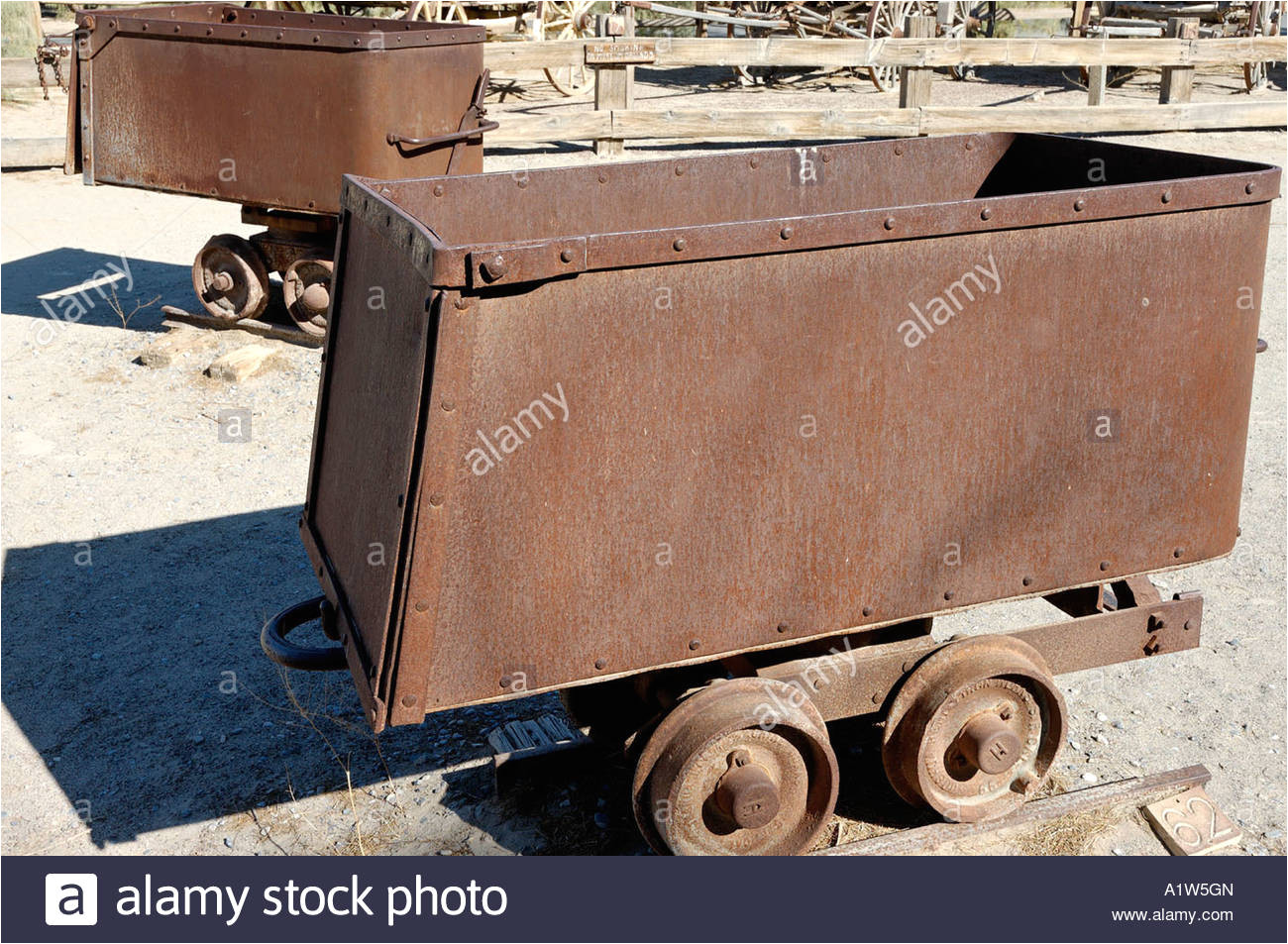 mine carts at borax museum death valley national park furnace creek california stock image