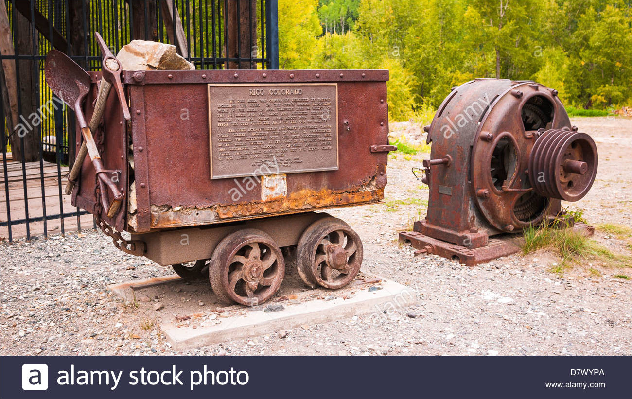 ore cart and interpretive plaque at the rico silver mine rico colorado usa