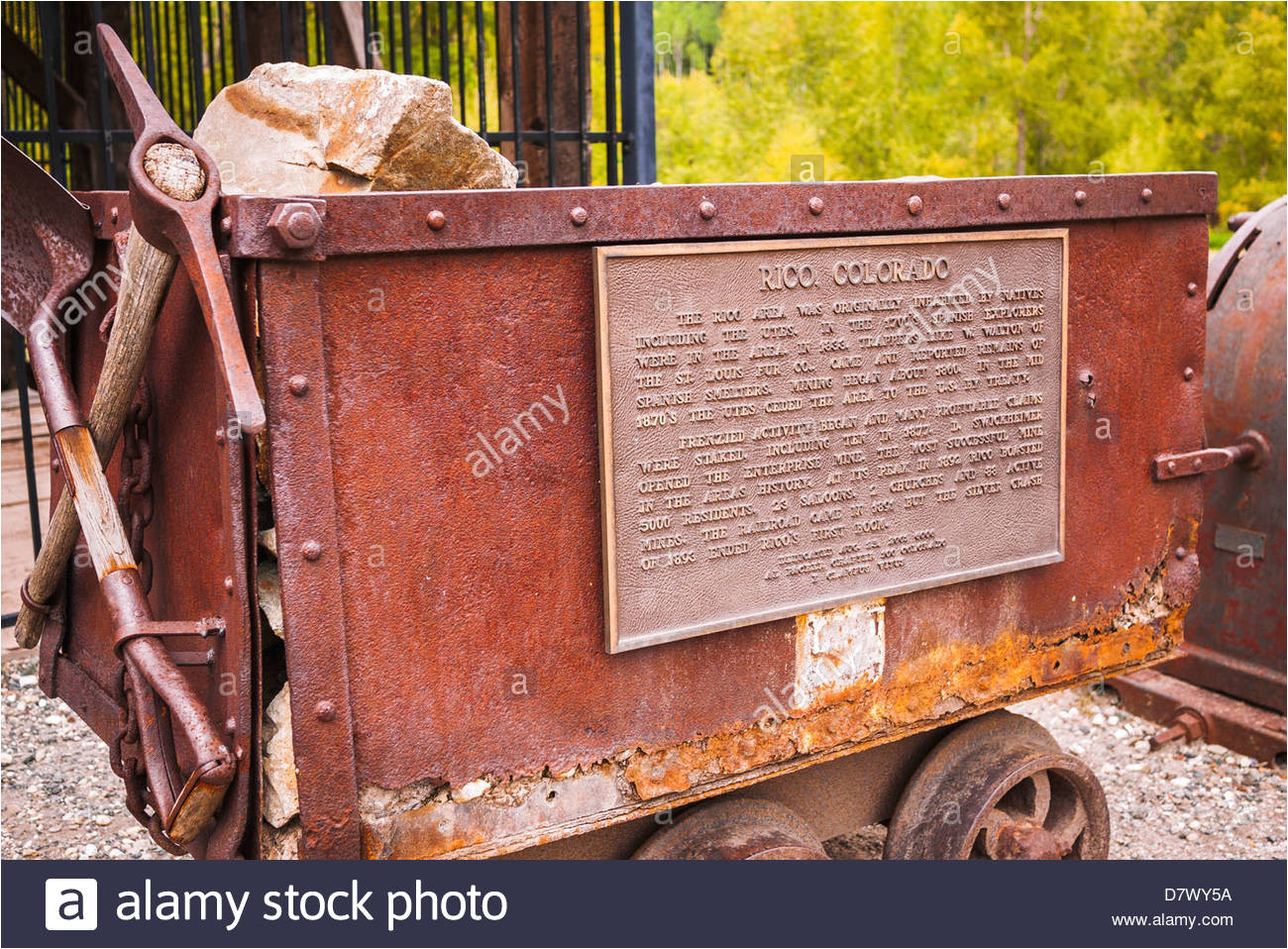 ore cart and interpretive plaque at the rico silver mine rico colorado usa