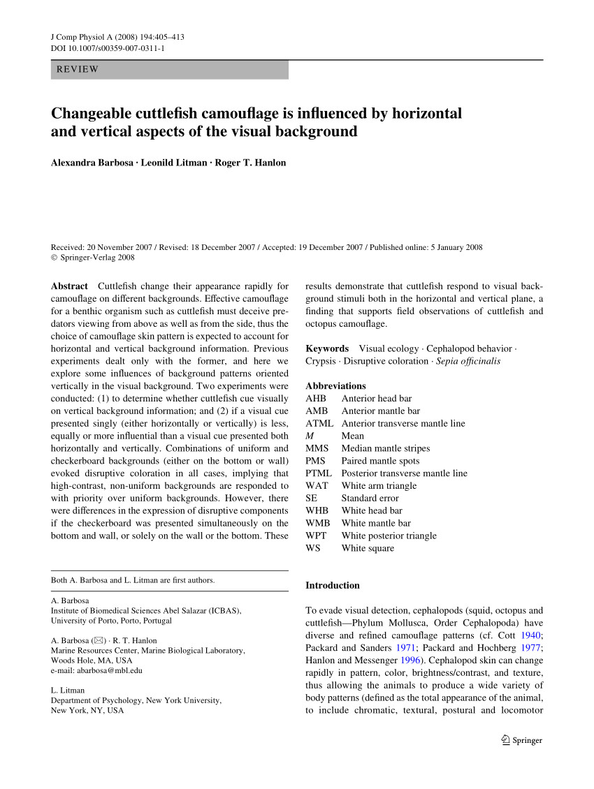 pdf changeable cuttlefish camouflage is influenced by horizontal and vertical aspects of the visual background