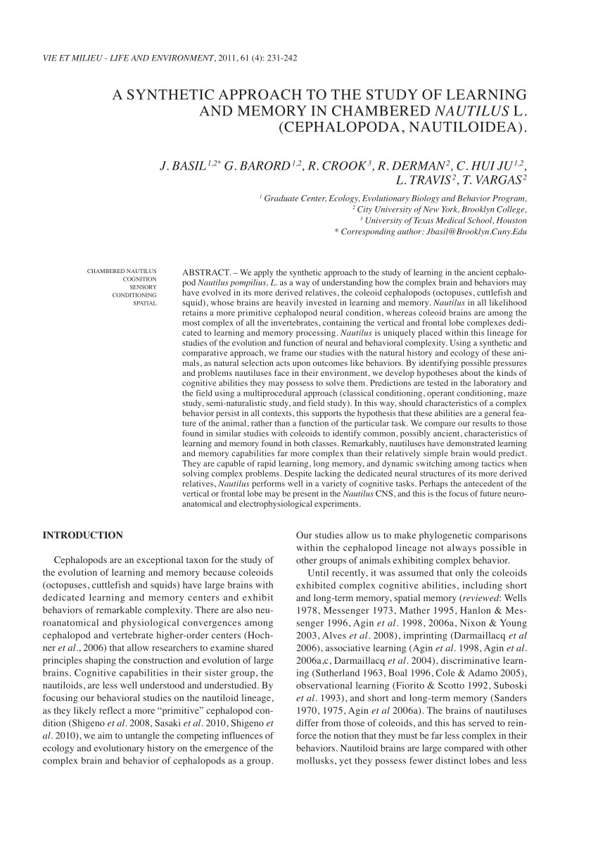 ju c l travis t vargas 2012 a synthetic approach to the study of behavior in chambered nautilus vie et milieu life and environment 61 4