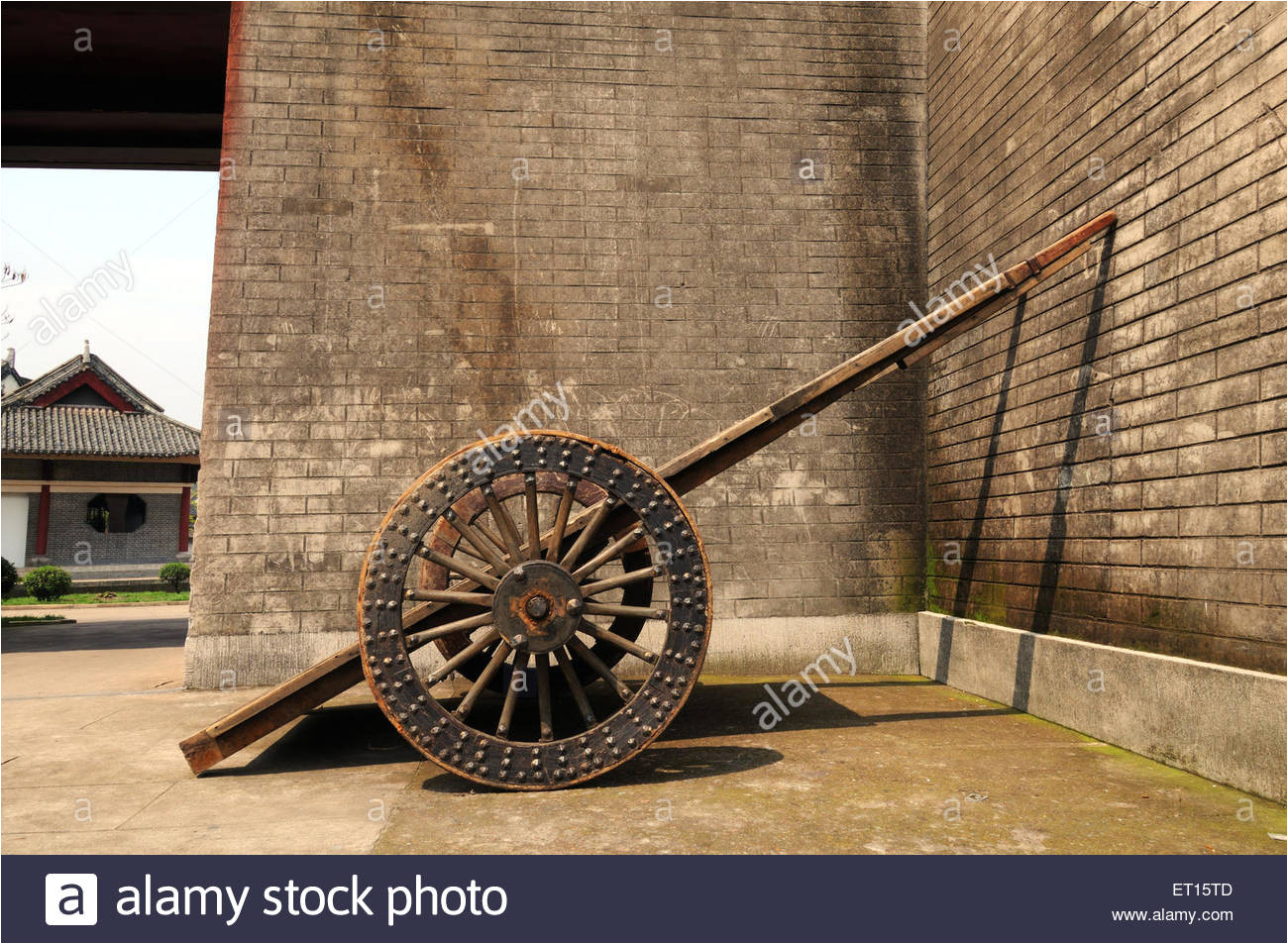 wheel cart parked along palace wall dong yang china stock image