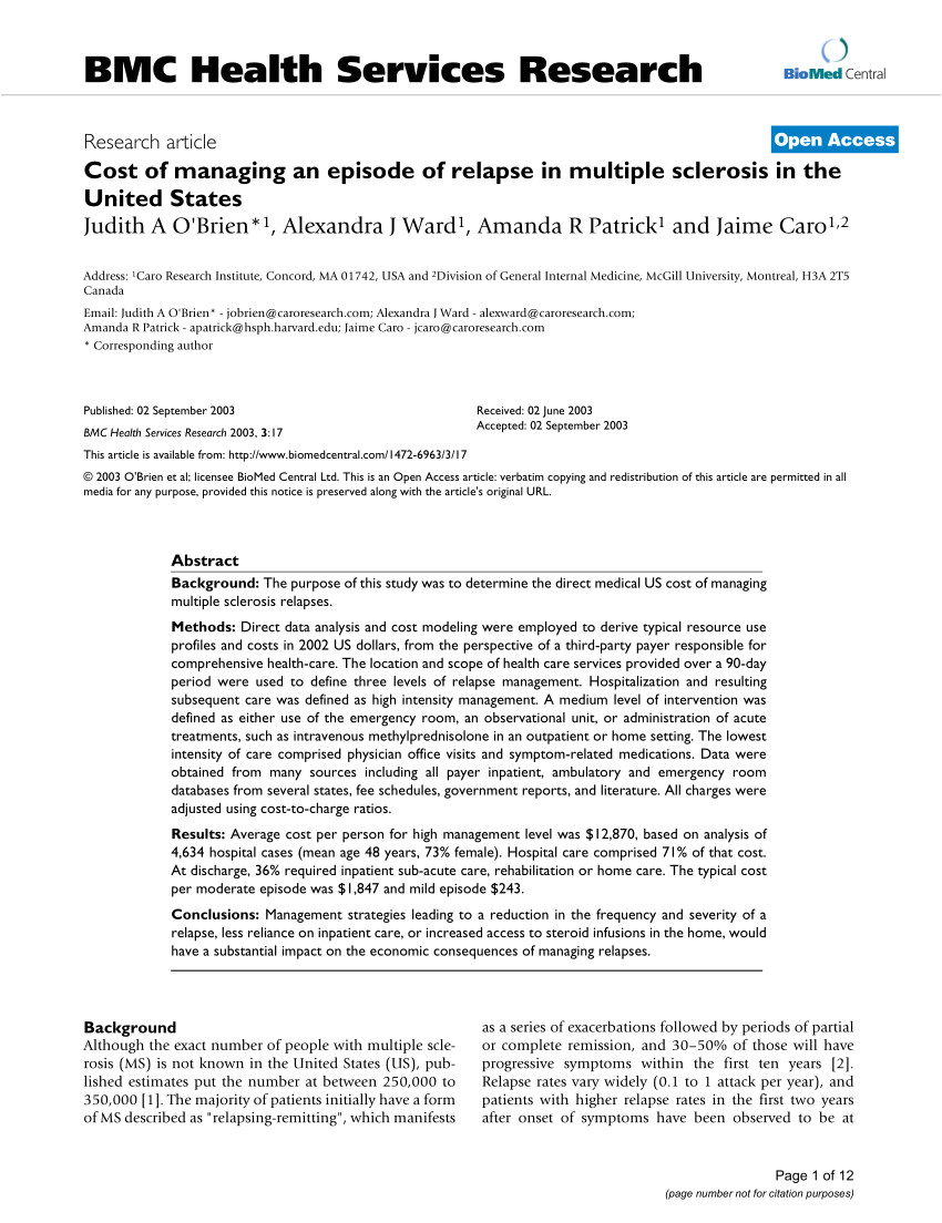 pdf cost of managing an episode of relapse in multiple sclerosis in the united states