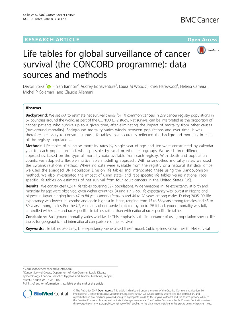 pdf life tables for global surveillance of cancer survival the concord programme data sources and methods