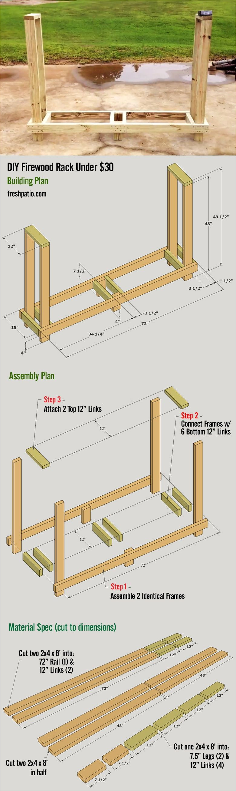 free firewood rack plan easy to build for under 30 holds 3 4 rick of wood