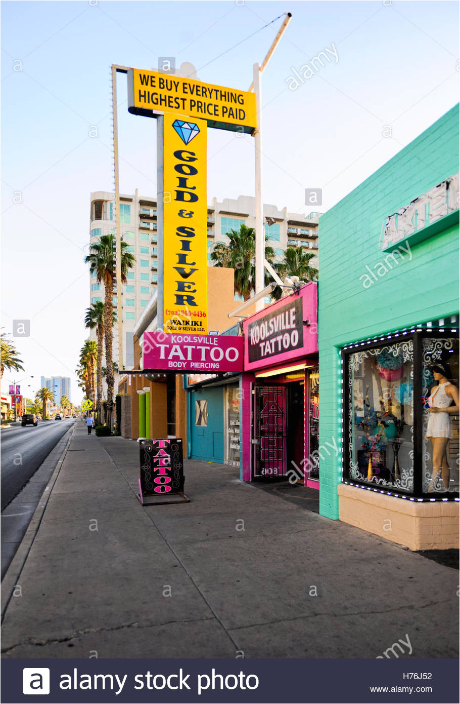 pawn shop and other storefronts at dusk in downtown las vegas nevada stock image