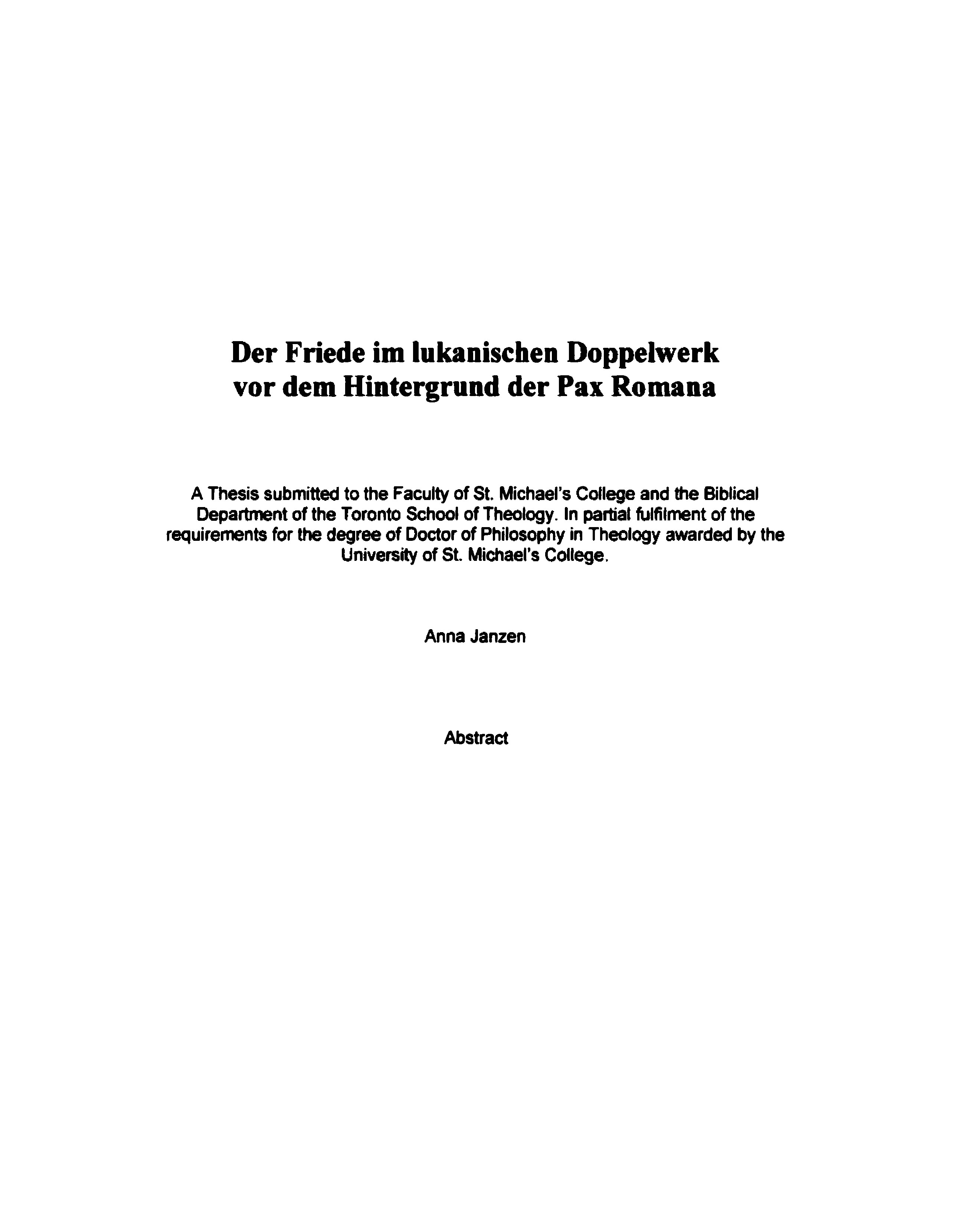 der friede im lukanischen doppelwerk vor dem hintergrund der pax romana a thesis submitted to the