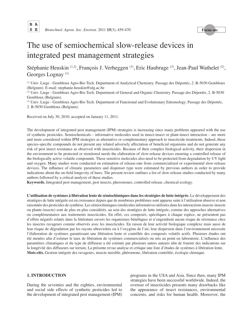 pdf the use of semiochemical slow release devices in integrated pest management strategies