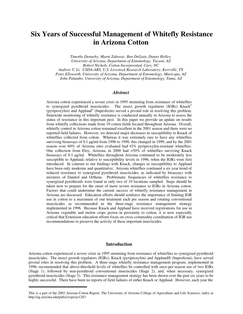 pdf six years of successful management of whitefly resistance in arizona cotton