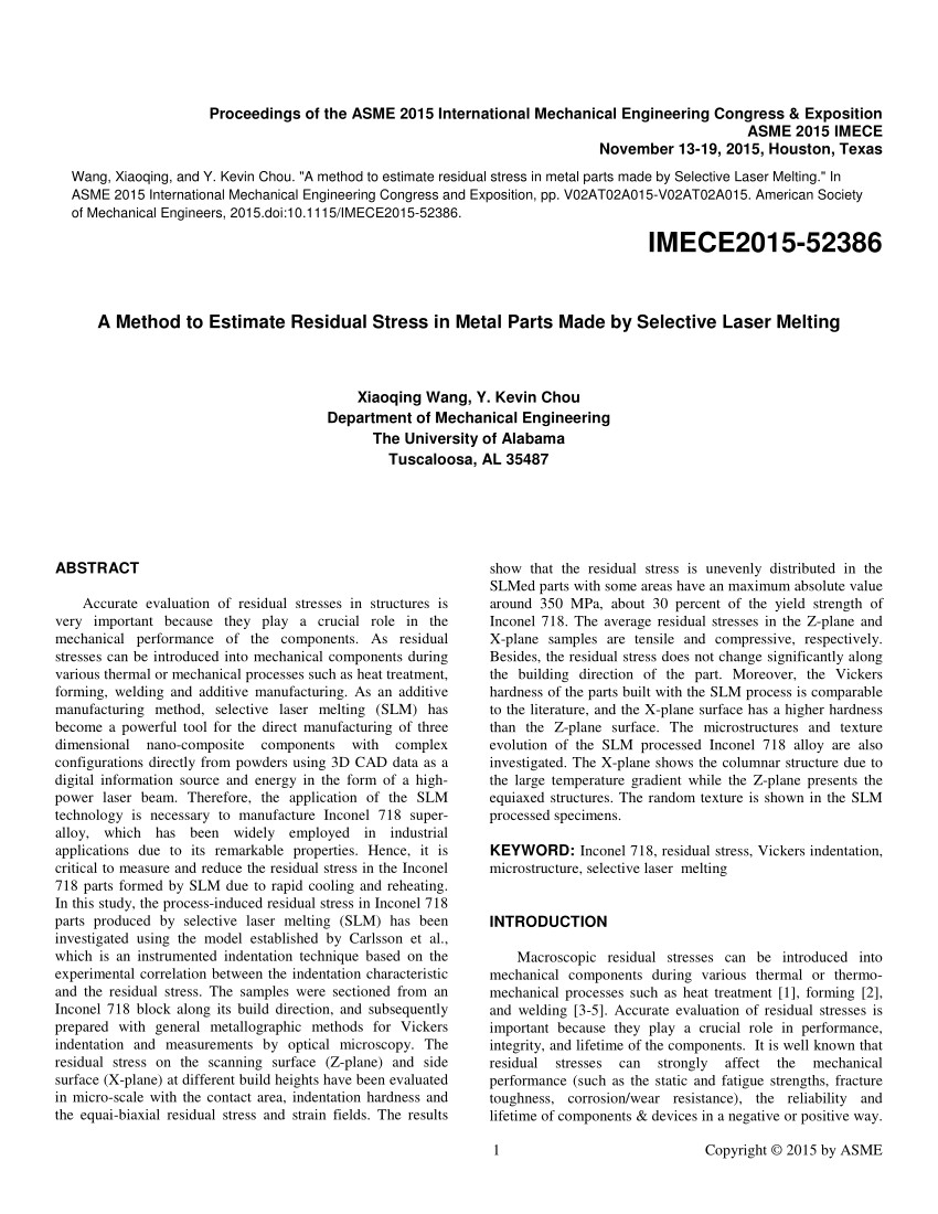 pdf a method to estimate residual stress in metal parts made by selective laser melting