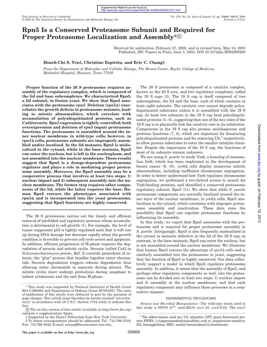 pdf rpn5 is a conserved proteasome subunit and required for proper proteasome localization and assembly