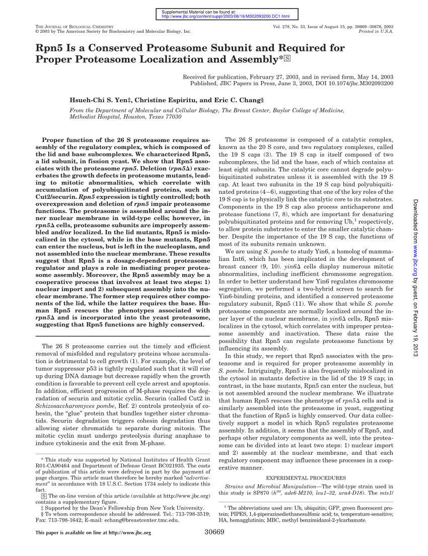 pdf rpn5 is a conserved proteasome subunit and required for proper proteasome localization and assembly