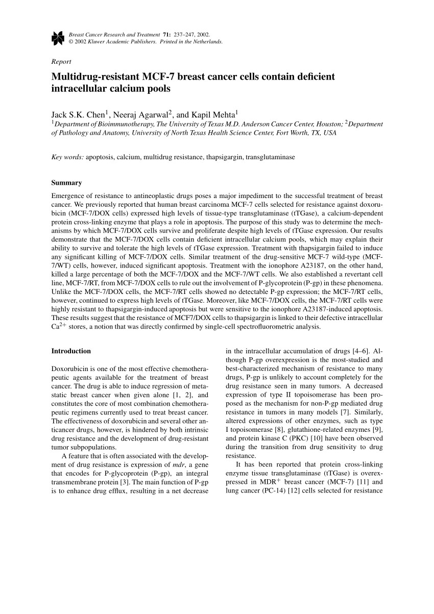 multidrug resistant mcf 7 breast carcinoma cells contain deficient intracellular calcium pools br cancer res treat 71 237 247