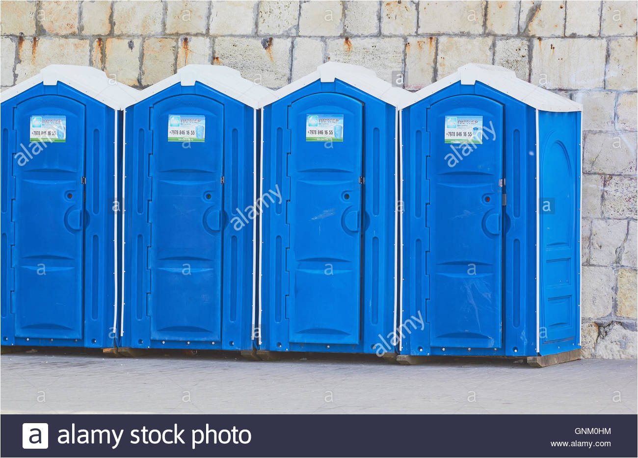 line of portable chemical toilets sevastopol crimea stock image