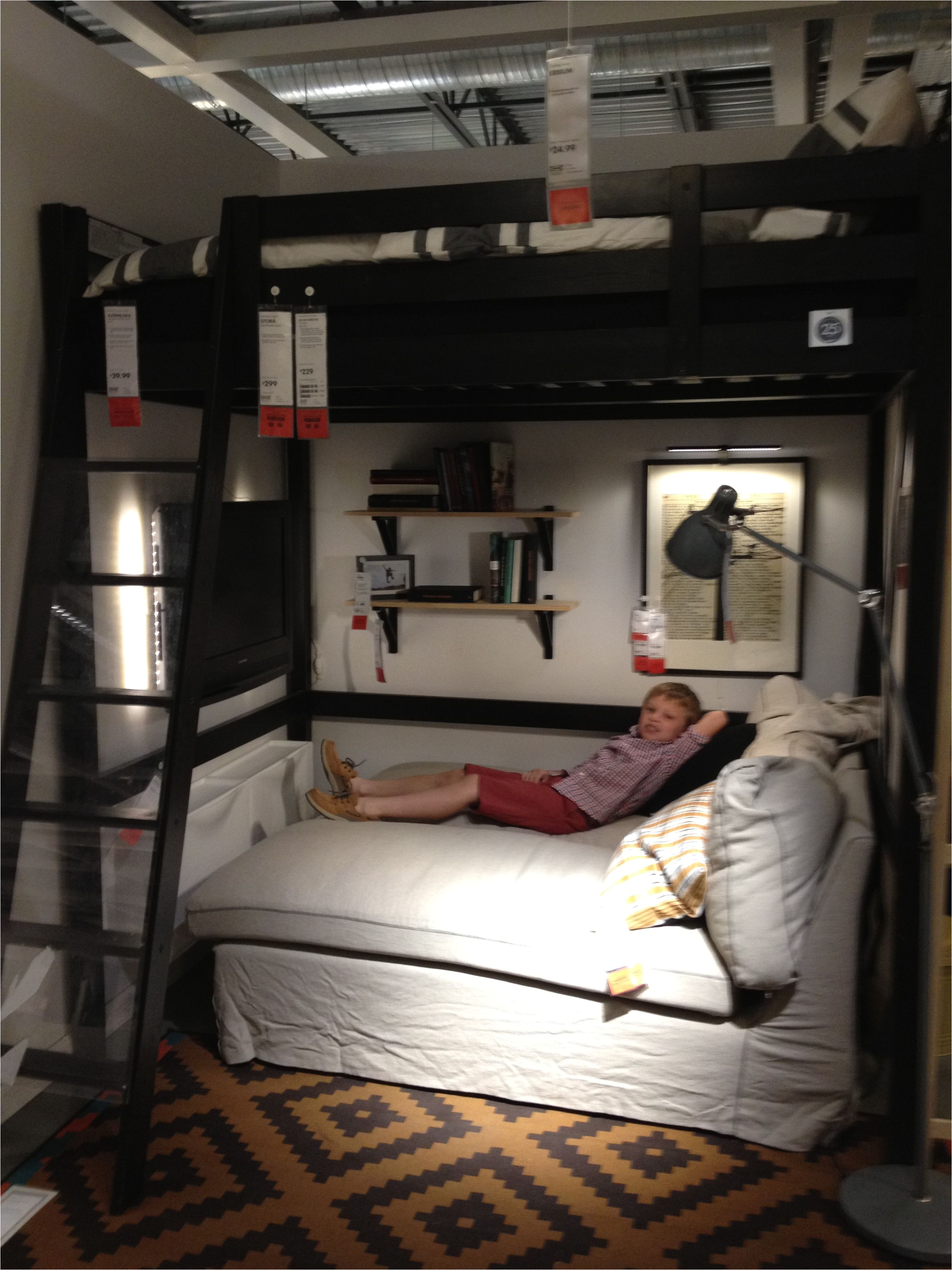 ikea bedroom loft bed with chaise underneath tv on the wall