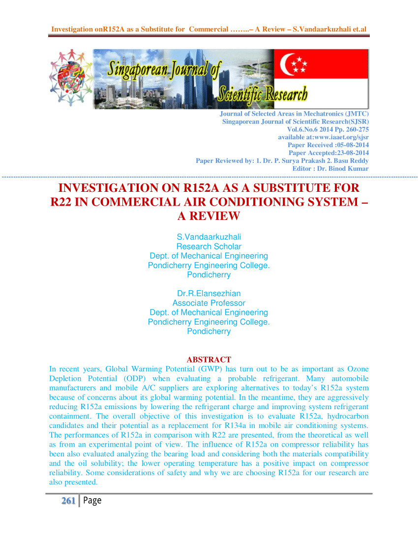 pdf investigation on r152a as a substitute for r22 in commercial air conditioning system a review