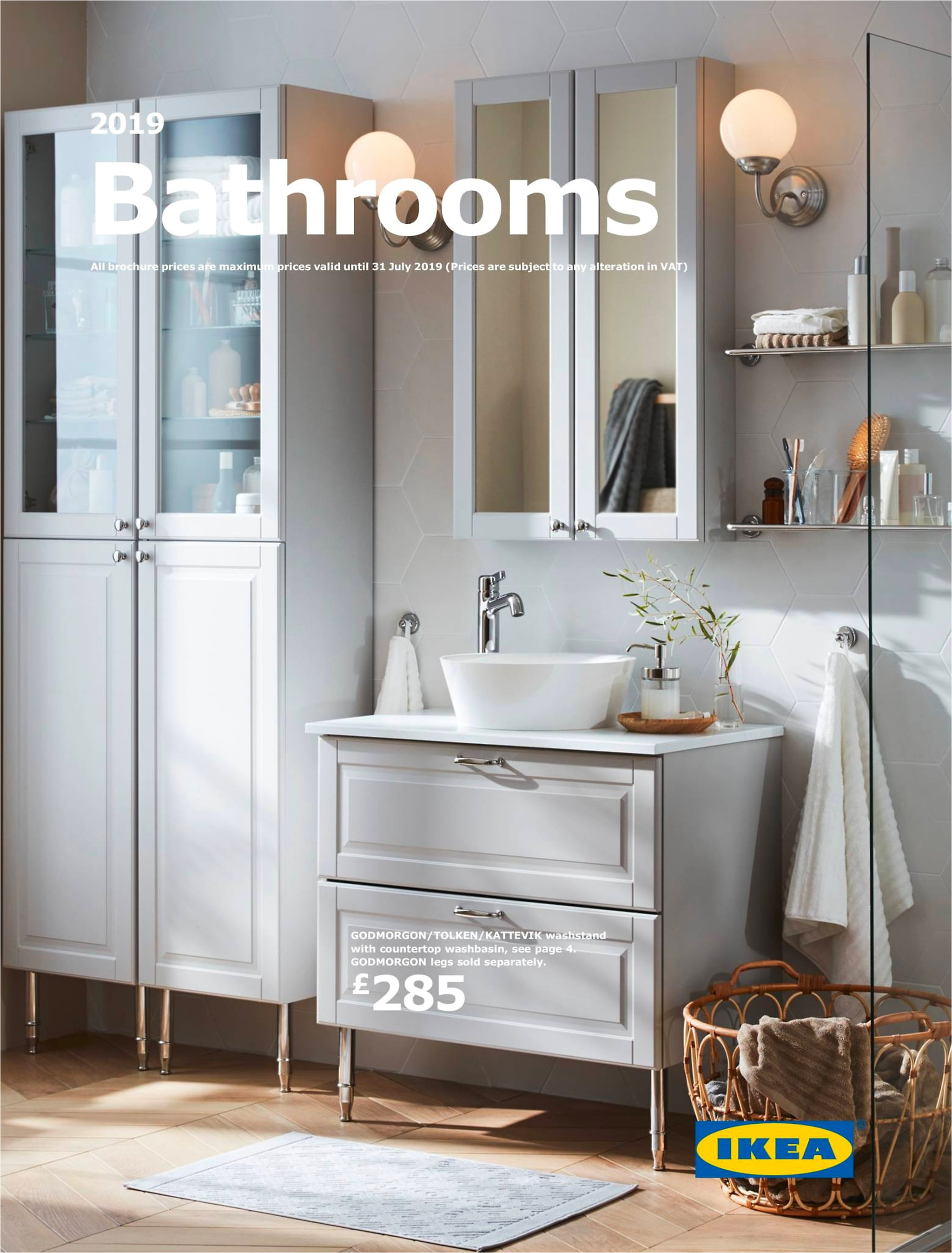 this is the cover of the bathrooms brochure featuring a white godmorgon cabinet with a wash