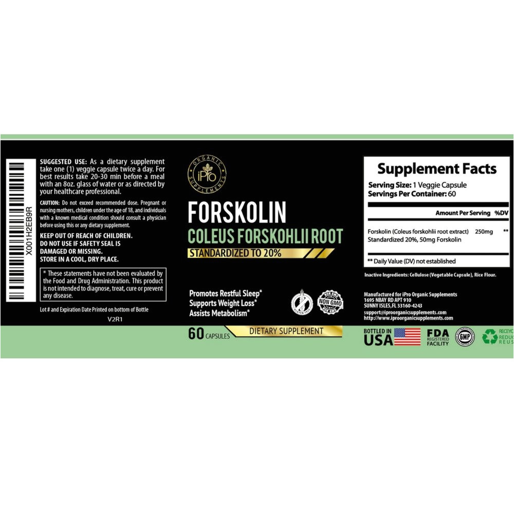 amazon com ipro organic supplement forskolin coleus forskonlil root extract 60 capsules 250mg standarized to 20 for rapid slim tone weight loss