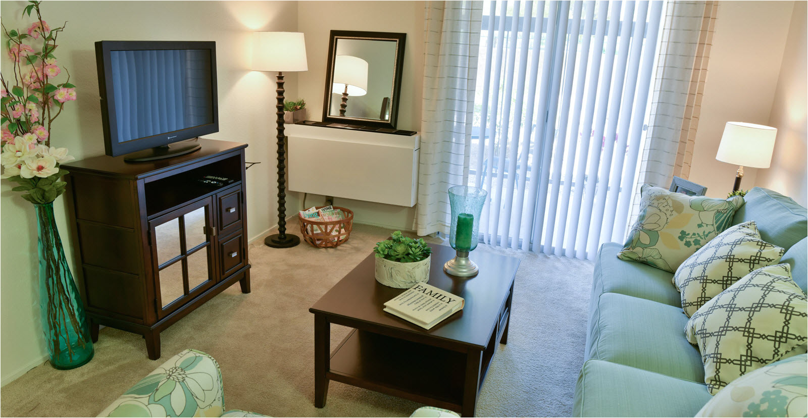 living room in model apartment at montara meadows retirement community