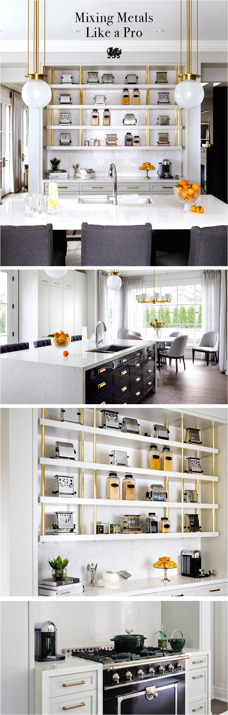 elevate your kitchen space by mixing metals to make a statement use brass lighting and