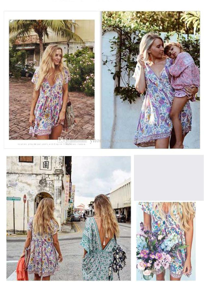 purple love birds floral print mini chic dress v neck short sleeve boho dress